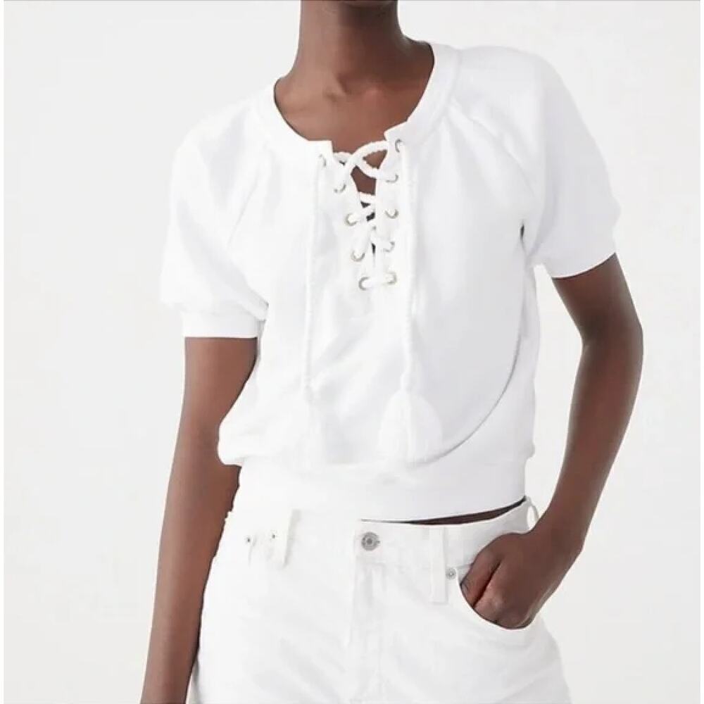 J.Crew University Terry Short-Sleeve Lace-Up‎ Cotton Top in White, Size Small